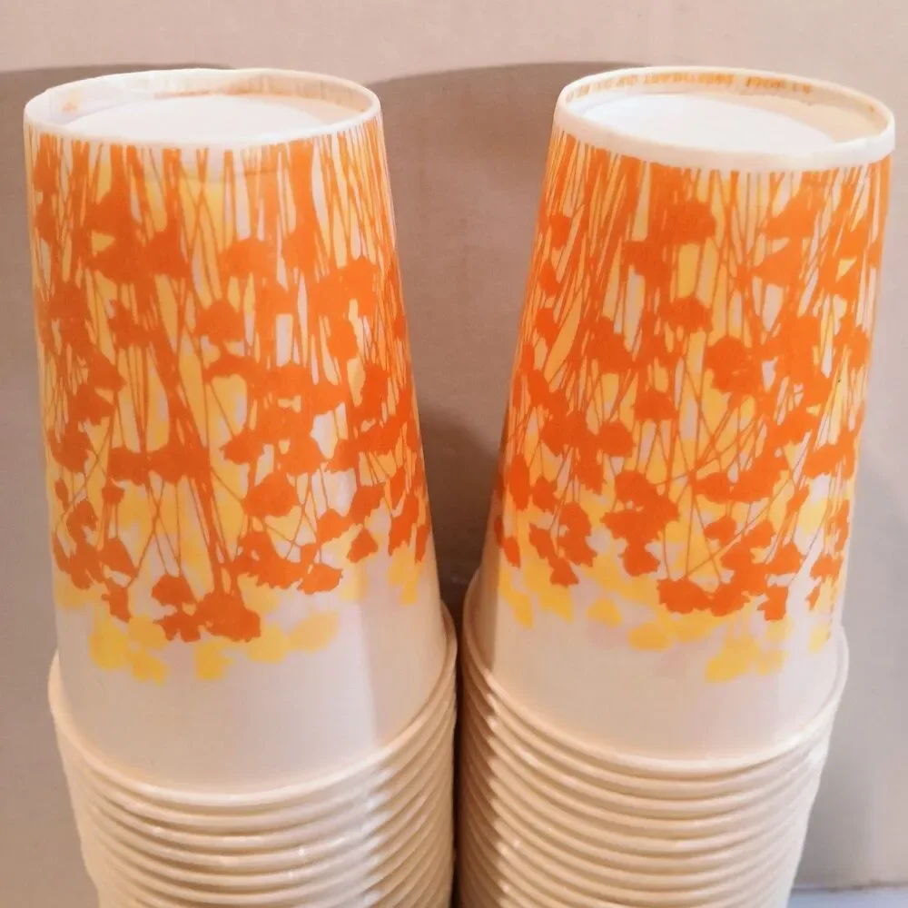 Vintage Sweetheart Orange & Yellow Flowers Waxed Paper Cups-Juice 5oz-Lot of 57